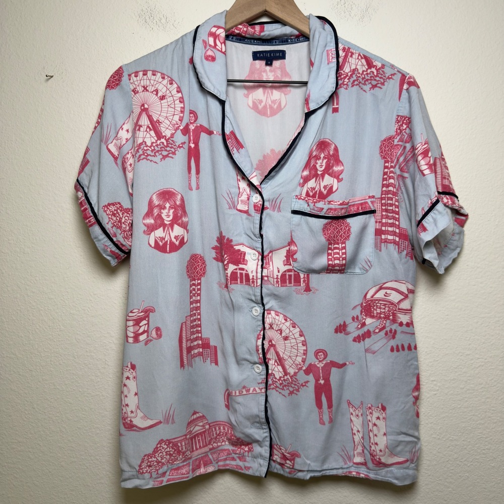 Katie Kime Women Cotton Pajama Top Small Blue Pink Texas Toile Western Big Tex